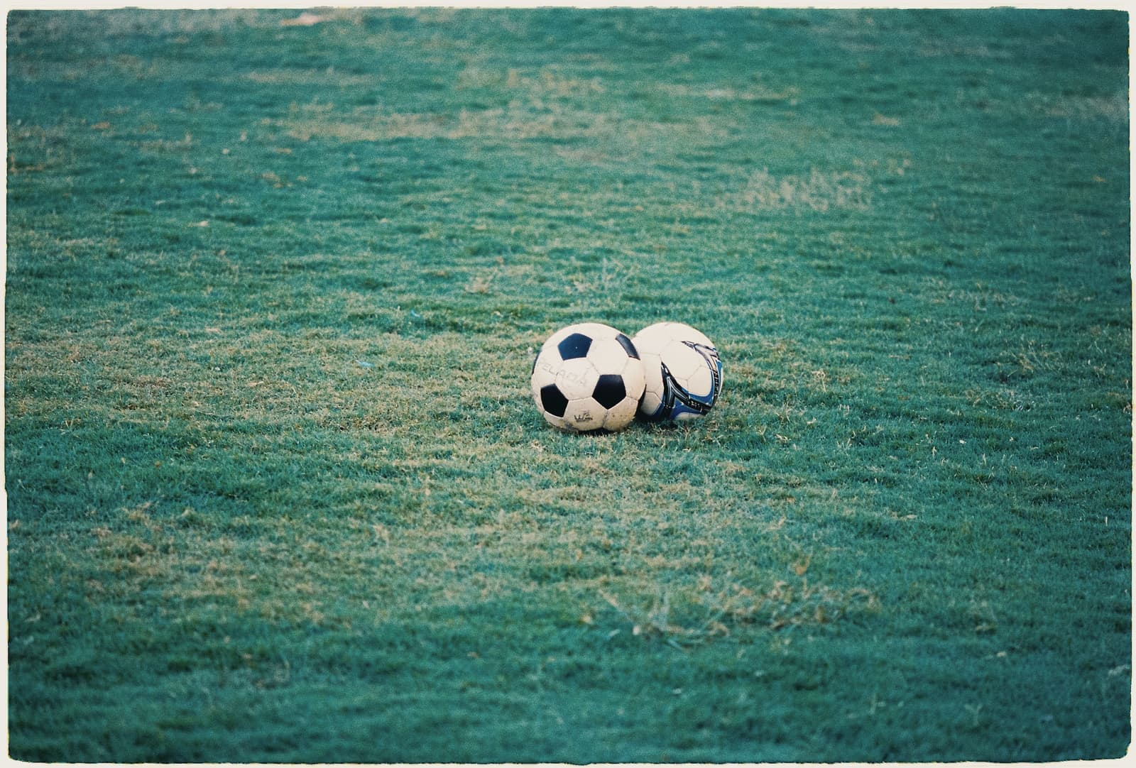 Soccer balls on grass